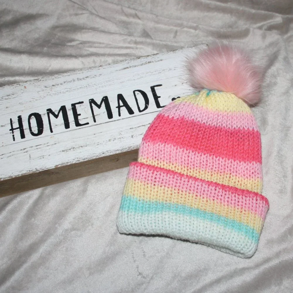 💗 PINK + YELLOW FUR POM BEANIE · 12–18 MO 💛